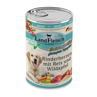 LandFleisch Dog Classic Rinderherzen mit Reis, Wildapfel mit Gartengemüse 400g