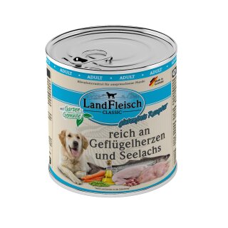 LandFleisch Dog Classic reich an Geflügelherzen und Seelachs mit Gartengemüse 800g