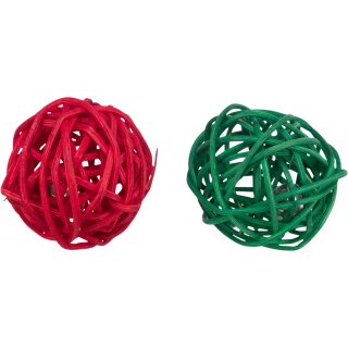 2 Bälle mit Schelle, Rattan, ø 4 cm, rot und grün